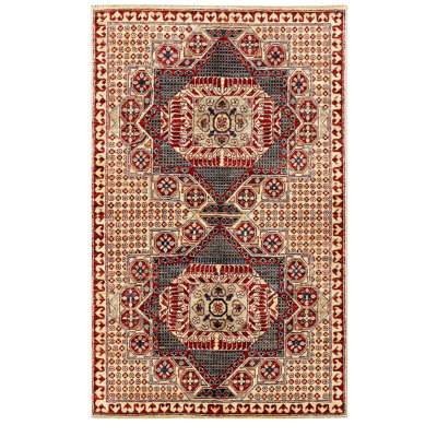 Tapis gris / ivoire / rouge en laine noué à la main Aryana