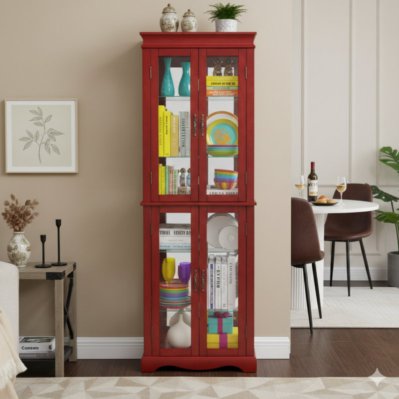 Illuminated Glass Curio Display Cabinet With Wood Frame - Elegant Glass Storage For Wine, Toys, And Collectibles - Perfect For Living Room, Kitchen, And Pantry - Includes Light Bulb, In Cherry Finish