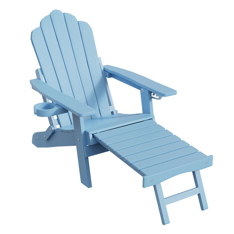 Folding Adirondack Chair with Cup Holders, Fire Pit Chair with Retractable Ottoman,  Multifunctional HIPS Chair for Porch, Patio, Balcony