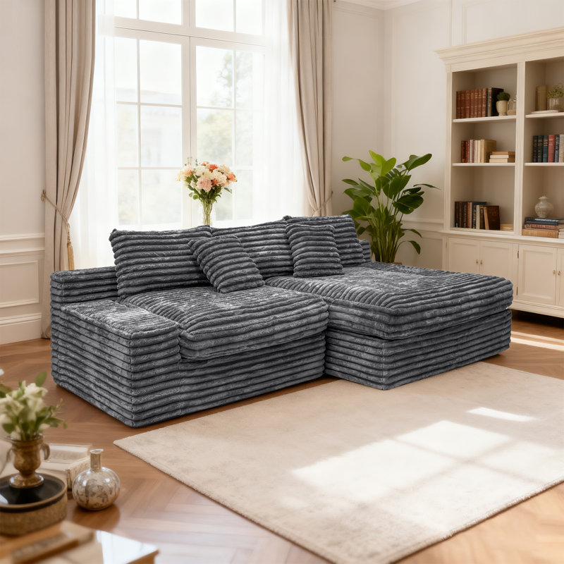 Canapé modulaire avec tissu velours côtelé et méridienne large, Velours côtelé gris, Orienté à droite
