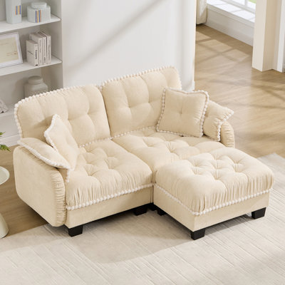 Chenille Cloud L-Shaped Loveseat Sofa with 4 Pillows,Movable Ottoman Pom-Pom Trim Quilted Tufted Cushion Ergonomic Design, Easy Assembly Deep Seat Couch for Living Room Office, Apartment, Cream Beige