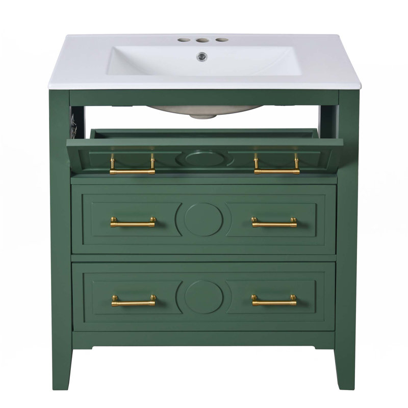 Meuble-lavabo 30 po avec lavabo en céramique, Vert, Doré