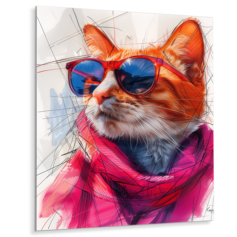 Chat curieux rose avec lunettes de soleil, H 12 po x l 20 po x P 1 po, Métal métal