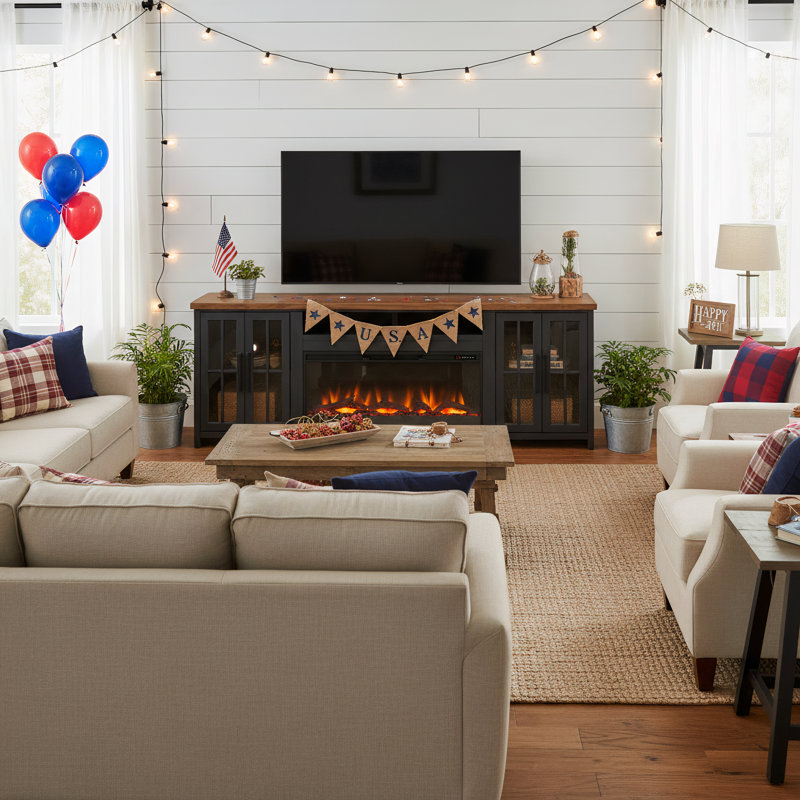 Brixham 97" Farmhouse Fireplace TV Stand for TVs up to 100", 42" Electric Fireplace, Wood & Glass Media Console,