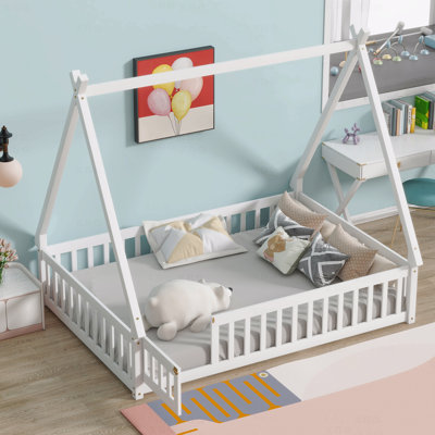 Full Bed, Rubber Wood Tent-Shaped Floor ,With Guardrails,Slats And Door