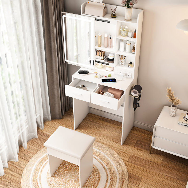 Meuble-lavabo blanc avec 3 lumières colorées réglables, 2 tiroirs coulissants, une prise de courant encastrée et un tabouret rembourré, idéal pour les chambres compactes et peu encombrantes