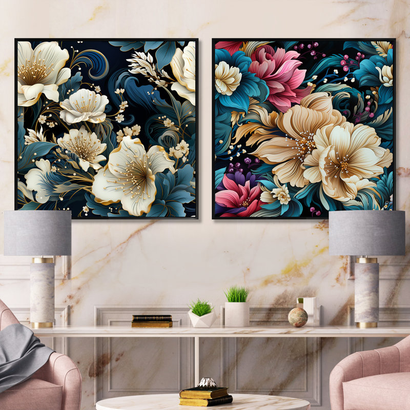 Crowle - Ensemble de 2 collages carrés floraux, Cadre flottant noir, H 16 po x l 33 po