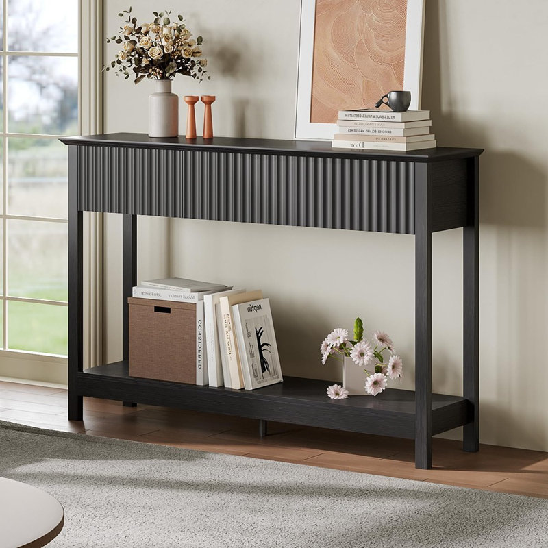 47" Fluted Console Table With 3 Drawers, Narrow Long Entryway Table With Storage And Shelf, 2-tier Sofa Table Behind Couch Accent Tables For Entrance Foyer, Hallway, Living Room, Black