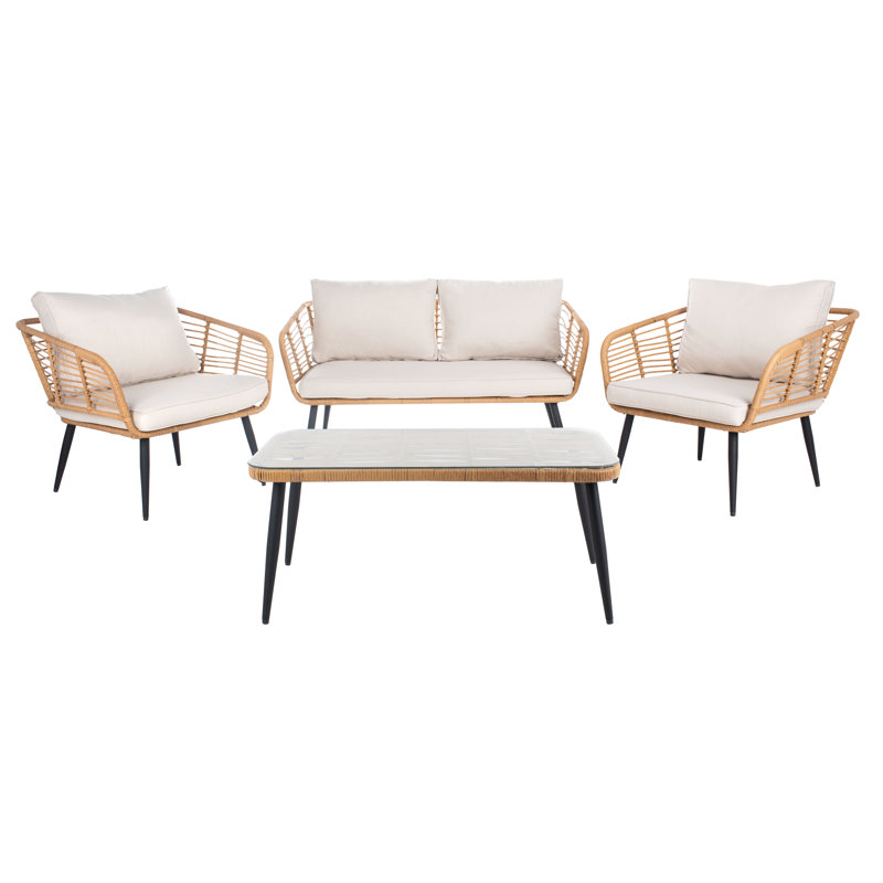 Ensemble de conversation en rotin avec coussins 4 pièces Byer, Beige