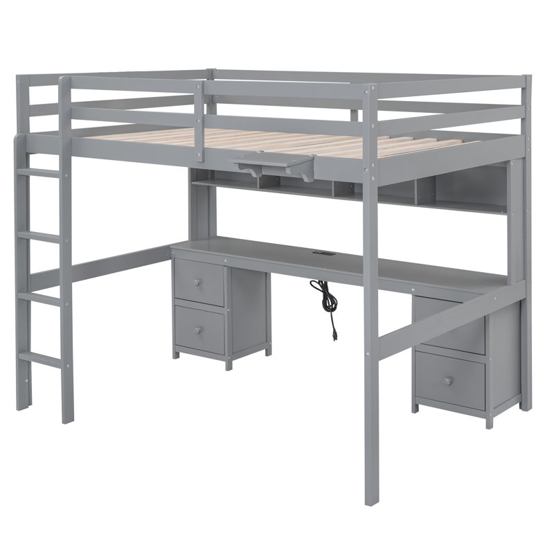 Lit mezzanine double avec bureau, armoires, tiroirs et station de charge - cadre en bois robuste, rangement et ports USB,