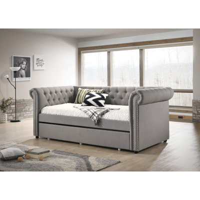 Luxueux 1Pc Modern Aesthetic Magnifiquement capitonné à boutons cloutés Design Lit de jour intégré Lit gigogne escamotable Espace de vie Chambre d'amis