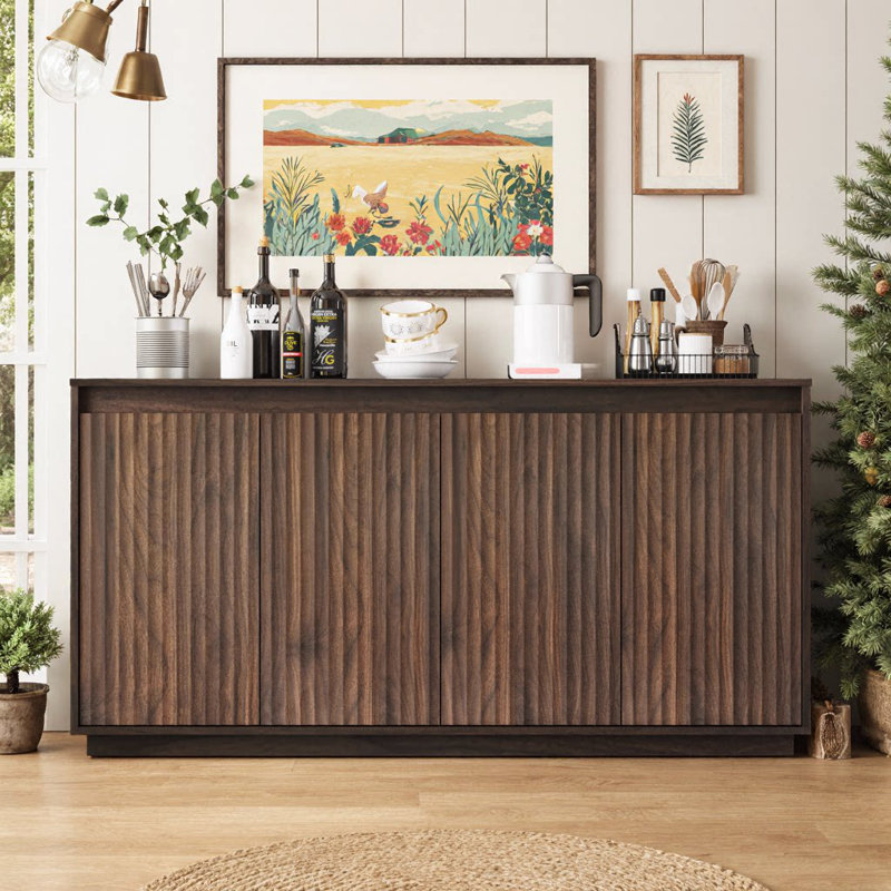 Buffet 4 portes UnaNoxa avec prise de courant et conception sans poignée, Walnut