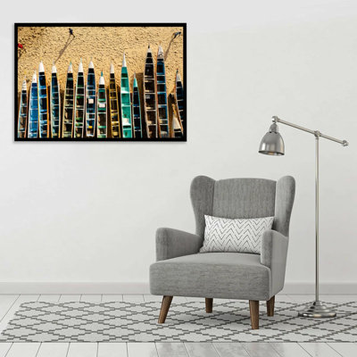 Cray-Seas Wall Art" By Daniel Okon | Vibrant Boat & Sand Scene | Solid Wood Framed Coastal Artwork