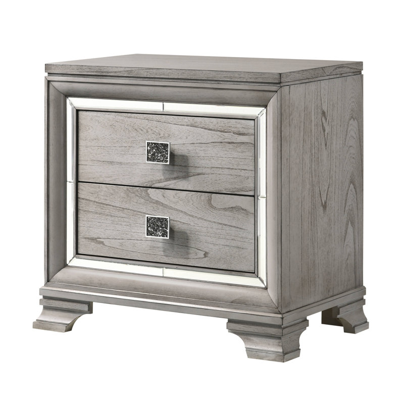 Table de chevet à miroir 2 tiroirs gris clair et brun clair