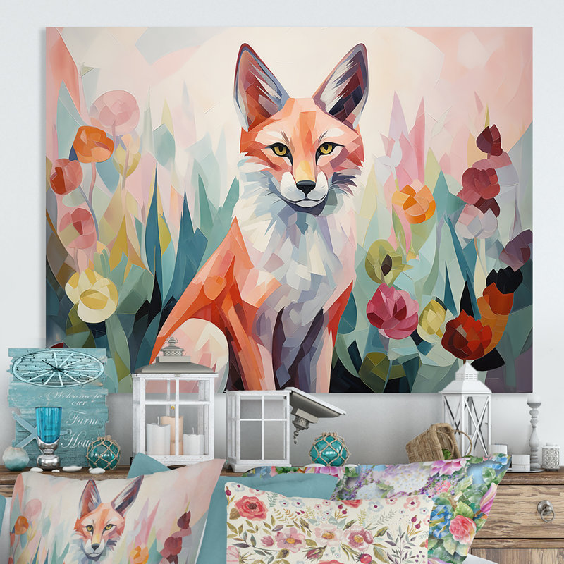 Orange et rose, renard dans le style mat I - art mural animal en renard, H 12 po x l 20 po x P 1 po