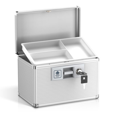 Medicine Lock Box with Key, Alluminum Alloy Lock Box for Medication,First Aid Box with a Removeable Tray to Store Medicines & Pills for Home&Travel,Silver 10 * 6.89 * 6.89 Inch