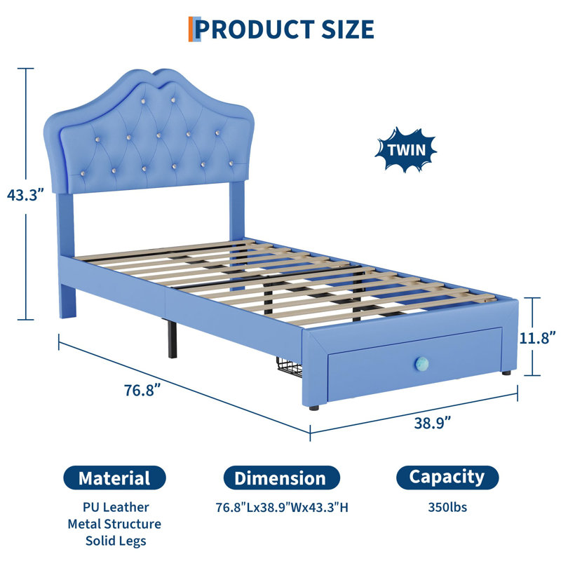 Structure de lit simple avec lumières DEL, lit plateforme tapissier avec tiroir de rangement et tête de lit capitonnée en cristal pour enfants