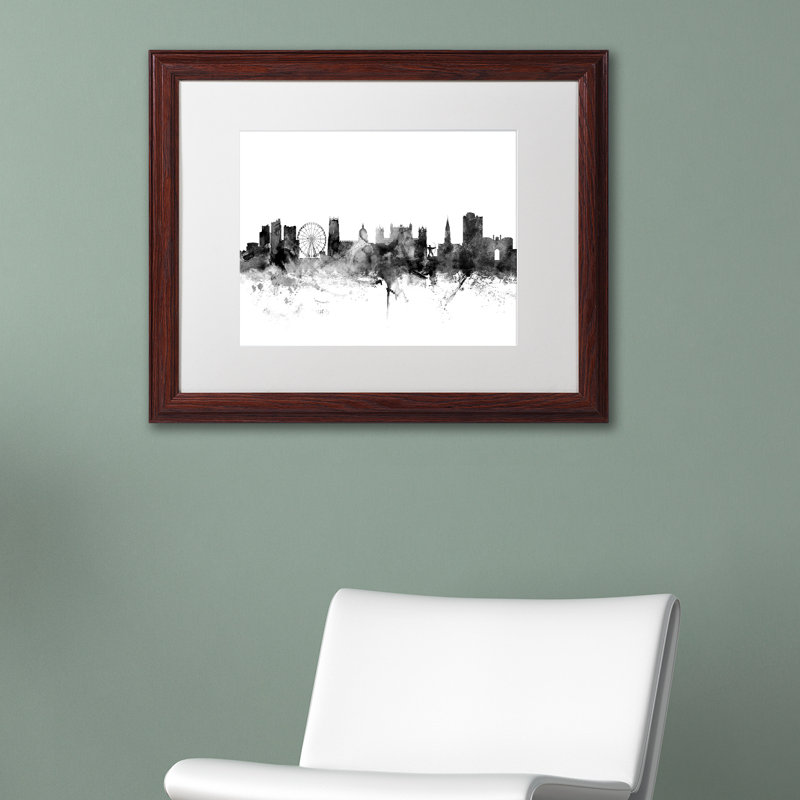 «Nottingham England Skyline B&W», impression encadrée, H 11 po x l 14 po x P 0,5 po, Cadre brun, Blanc