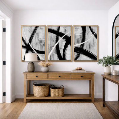 BAW "Black Gray White Geometric Paint Strokes Artwork, Abstract  Modern Contemporary Wall Pictures, Framed Canvas Giclée Print 3 Pieces Wall Art" 16"x24"x3 pcs, 24"x36"x3 pcs