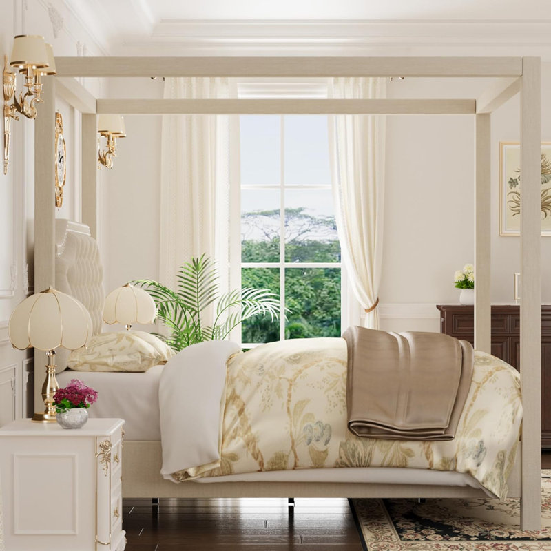 Canopy Bed Frame with Upholstered Headboard, Wooden Slatted Structure, Four Poster Design, Button Tufted, Beige, King Size, Modern Bedroom