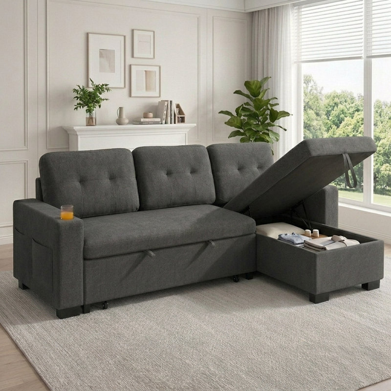 82" Sleeper Sectional Sofa with Pull-Out Bed, Convertible L-Shaped Couch with Reversible Storage Chaise, USB Ports, Cup Holders & Side Table for Living Room, Small Space, Apartment