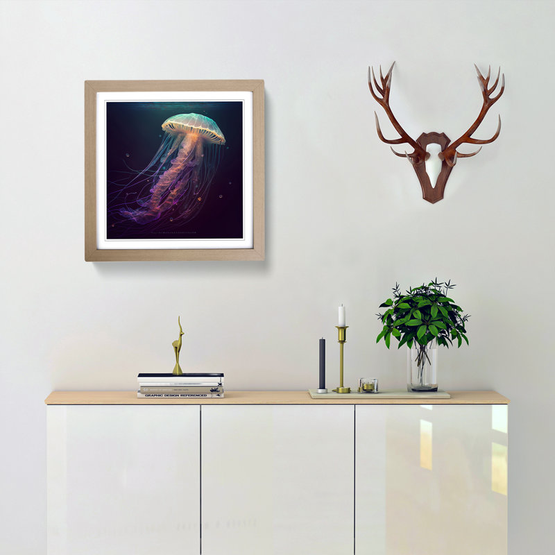 Jellyfish Boho - Single Picture Frame Print on Wood, Oak
