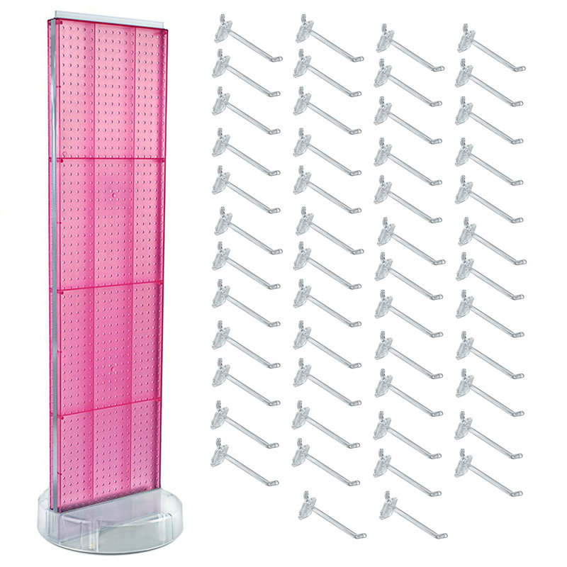 Présentoir de panneau perforé rose sur deux côtés avec base pivotante (50) crochets transparents de 6 po