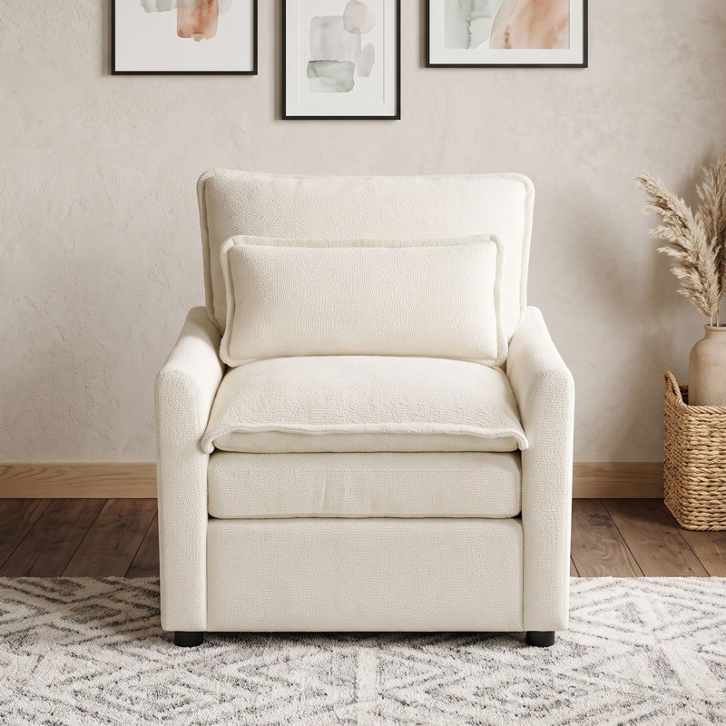 Fauteuil d'appoint à siège unique avec coussin, coussin lombaire, accoudoirs et poches de rangement, Beige