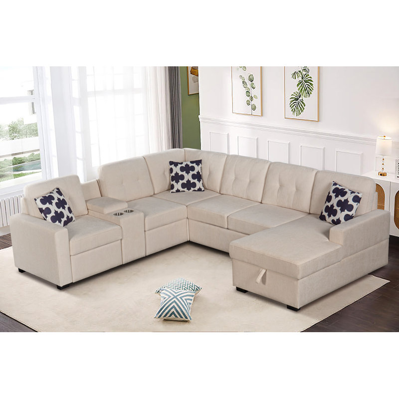 Ketterman Upholstered U-Shaped Sectional Left Hand Facing, Beige Linen Blend