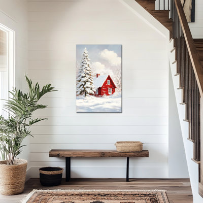 Hiver cabane, paysage enneigé, art mural sur toile, décor mural de Noël, scène d'hiver de maison rouge, impressions sur toile de pin pour salon, bureau de chambre à coucher, 12 po x 18 po