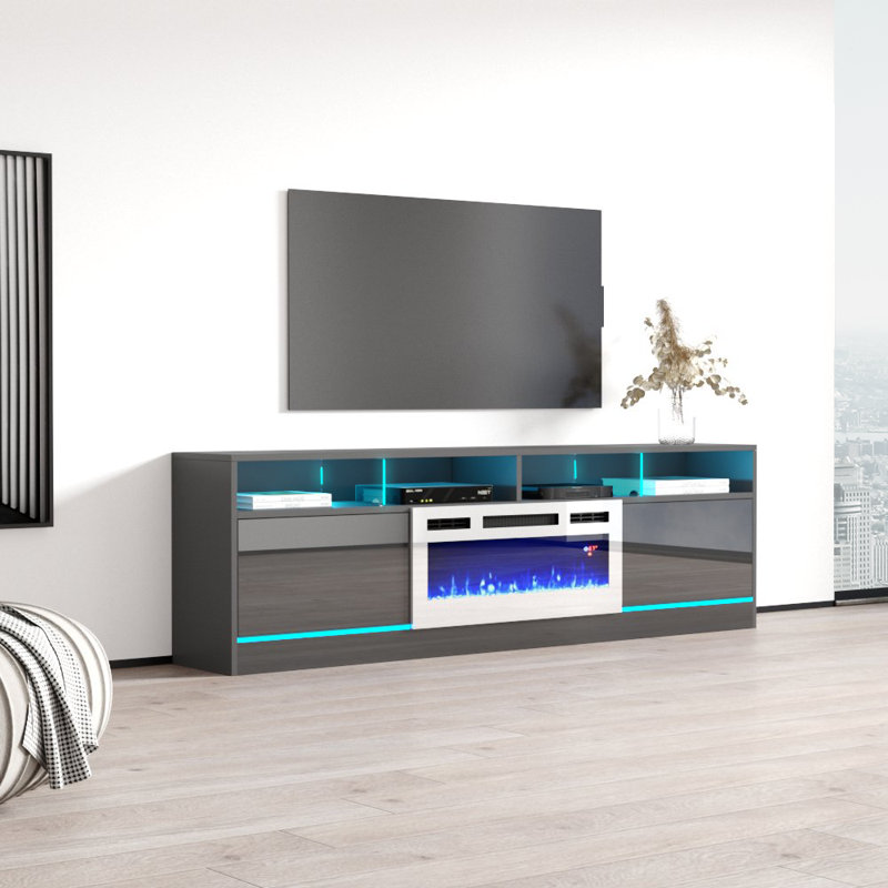 Alexin 78.7" Modern TV Stand with Electric Fireplace, High Gloss Finish, Media Storage, Gray/White