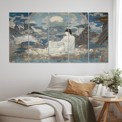 Buddha In Meditational Abode Retro Illustration - Buddhism Canvas Wall Art - 5 Equal Panels