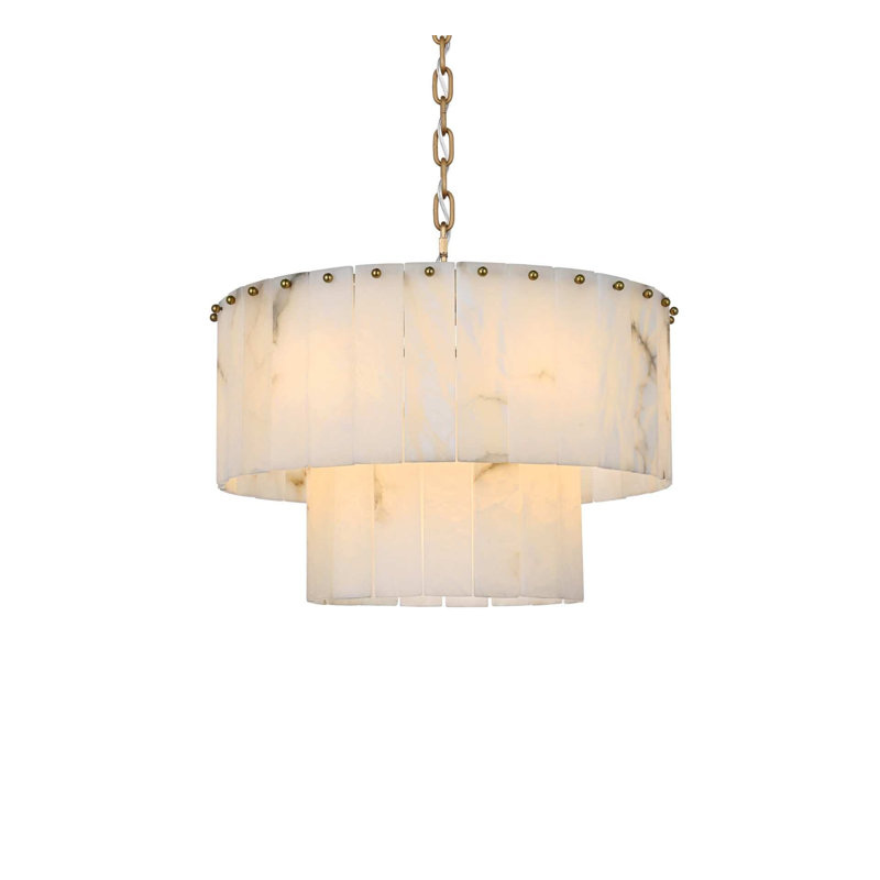 Lustre en albâtre 20 pouces Intisar, Or satiné, H 13 po x l 20 po x P 20 po, 9 lumières