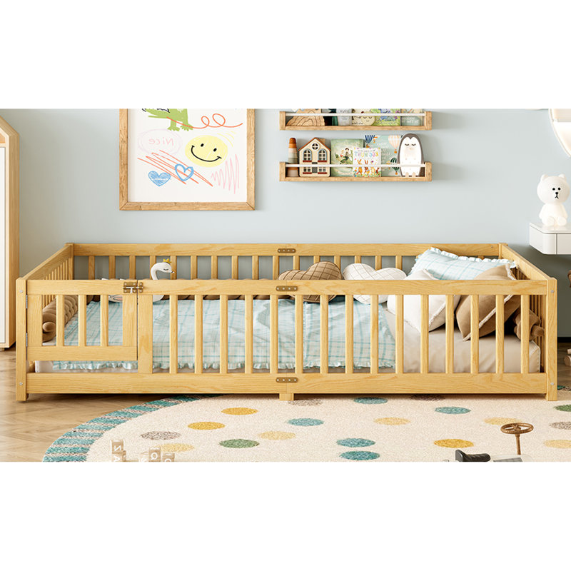 Lit grand format avec garde-corps et porte pour enfants, Queen, Naturel