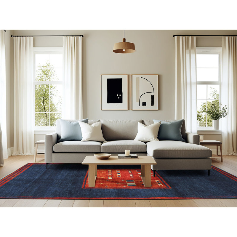Tapis de zone bleu/rouge contemporaine, Rectangle 6 pi x 9 pi
