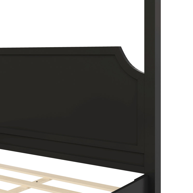 Grand lit plateforme à baldaquin en bois avec tête de lit et pieds de support, Noir