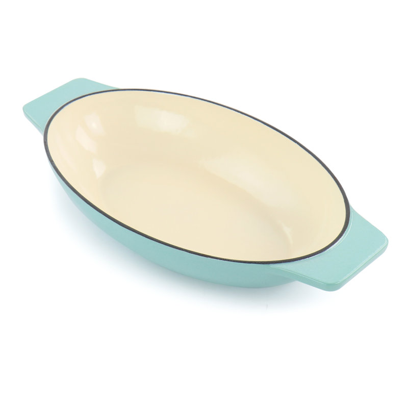 Oval Blue Cast Iron Casserole with Birch Wood Trivet
