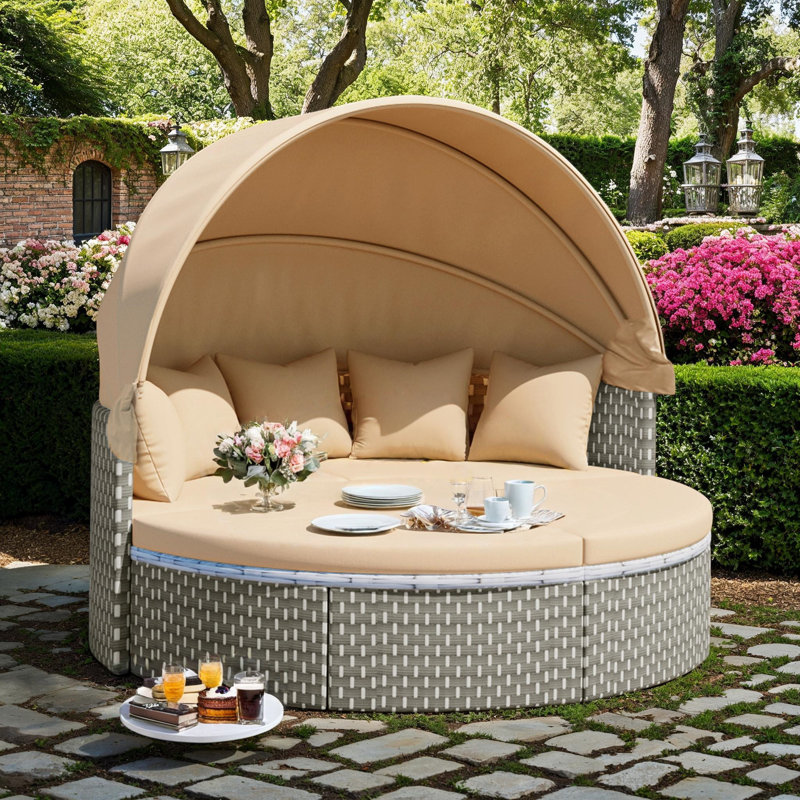 All-Weather Patio Daybed Sectional Set with Retractable Canopy & Adjustable Table