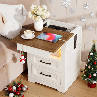 Farmhouse White & Walnut Nightstand with Hidden Storage End Table with LED Light & Charging Station