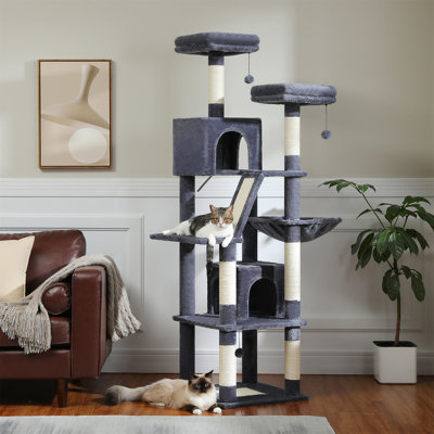 Grand arbre à chat de 180 cm pour chats d'intérieur, poteau à griffes multi-niveaux avec 2 perchoirs, 2 condos, hamac et 2 pompons