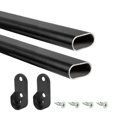  48" Black Aluminum Oval Closet Rod Kit – 1-3/16" X 19/32" Profile With Matching Screw Mount Supports And Mounting Screws
