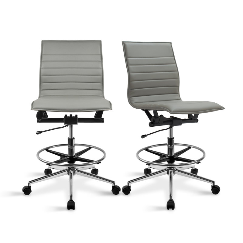 Set of 2 Modern Drafting Chair | Upholstered PU Leather Ribbed Mid Back with Tall Adjustable Base & Leg Rest Swivel, Home, Executive, Conference, Meetings, Armless, No Arms, With Arms
