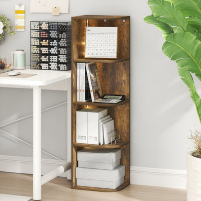 Furinno PASIR Book Shelf with LED Lights, 4-Tier LED Bookshelf, Open Corner Shelf Bookcase, 9.3 x 12 x 41.4, for Home Office, Living Room, Study Room, Amber Pine