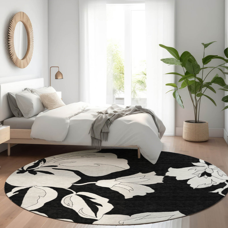 Premium Machine Washable Prisco Black Rug, Round 8'