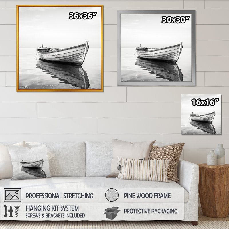 Bateau de pêche noir et blanc minimalisme sur toile, H 16 po x l 16 po, Cadre flottant blanc