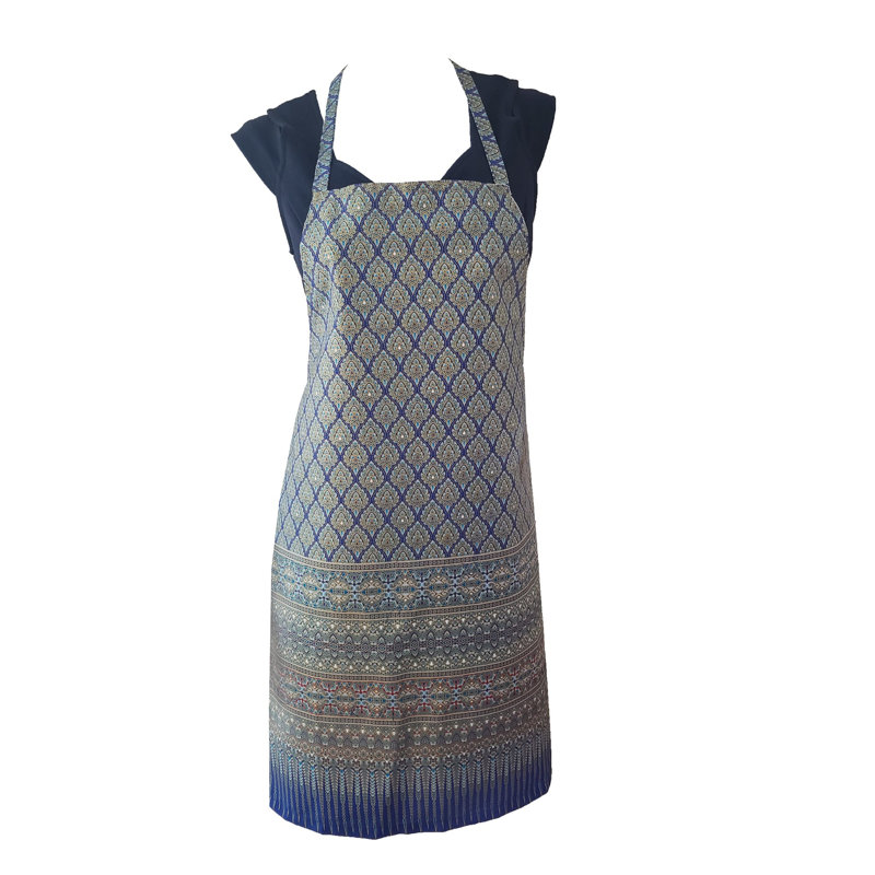 Apron Printed Floral Design Pinafore Style Long Waist Ties. Cotton Fabric Cooking Apron, Teal/Navy