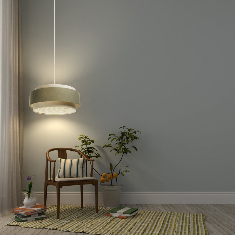 Abigial 1 - Light Cream Drum Pendant, Green/Beige