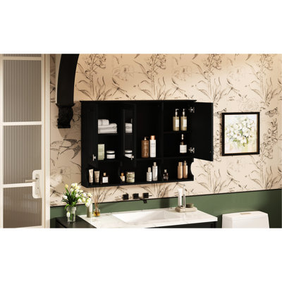 41 Inch Medicine Cabinet With Wall Mounted Mirror, 3 Doors, Adjustable Shelves, Black For Living Room Aesthetic Storage Decor