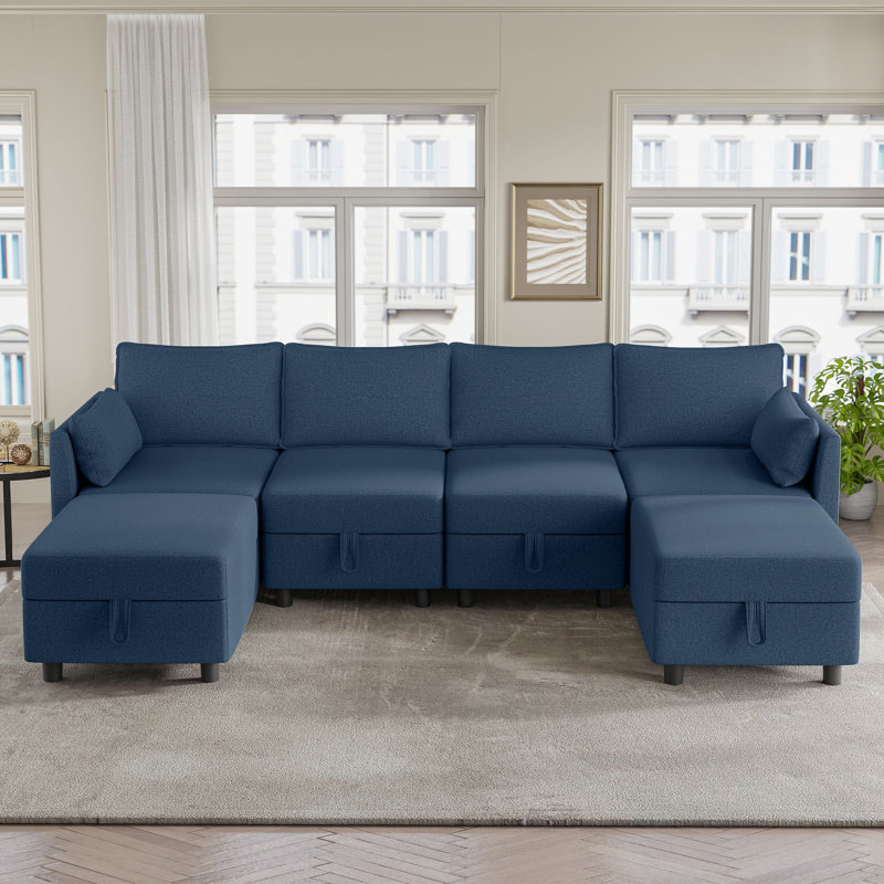 Canapé modulaire rembourré 6 pièces avec rangement sous le siège 6 pièces, Mélange de polyester bleu marine