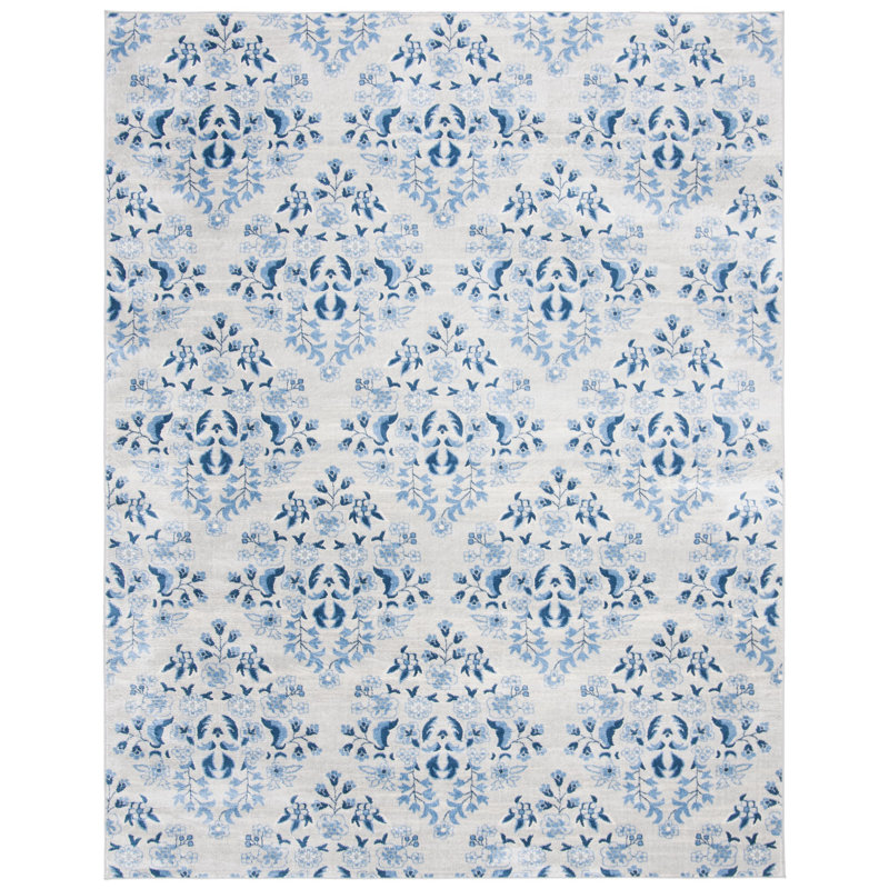 Blue and Cream Floral Synthetic 11' x 15' Area Rug